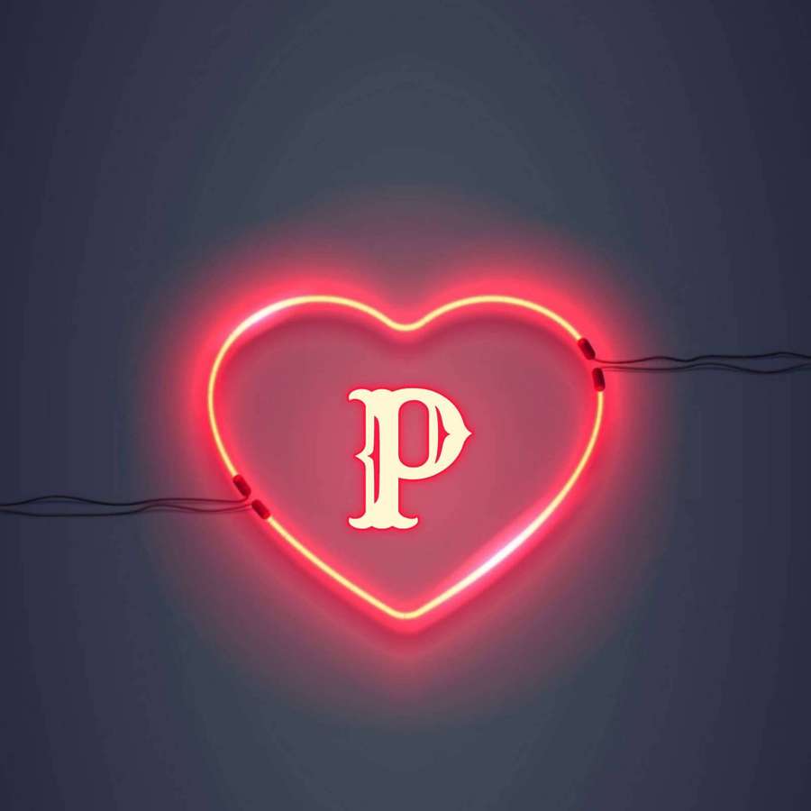 Rotes Neonherz mit Buchstabe P, leuchtend an einer grauen Wand. — P Bilder