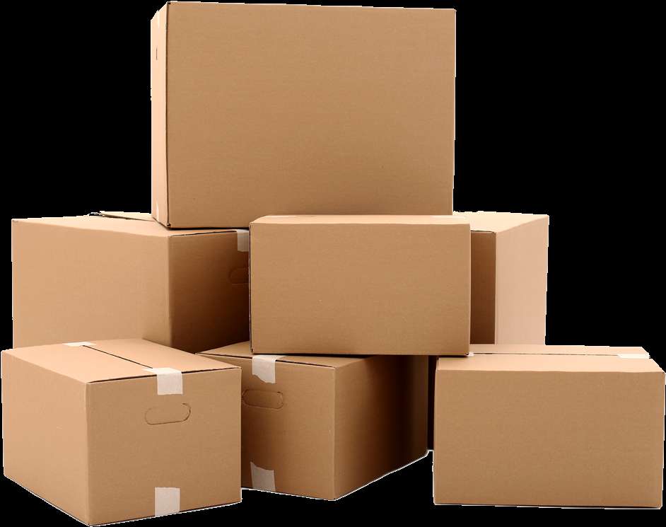 Stack of brown cardboard moving boxes with white tape — Package PNG
