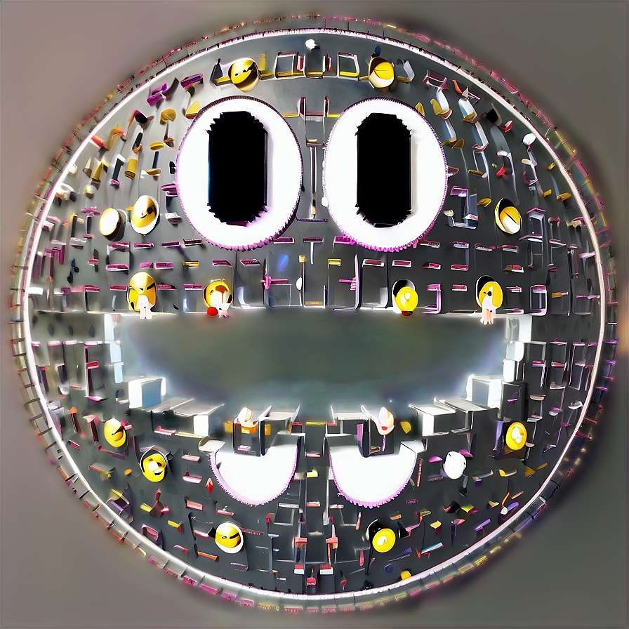 A large metallic smiley face with glowing features and colorful emoji decorations. — Pacman PNG