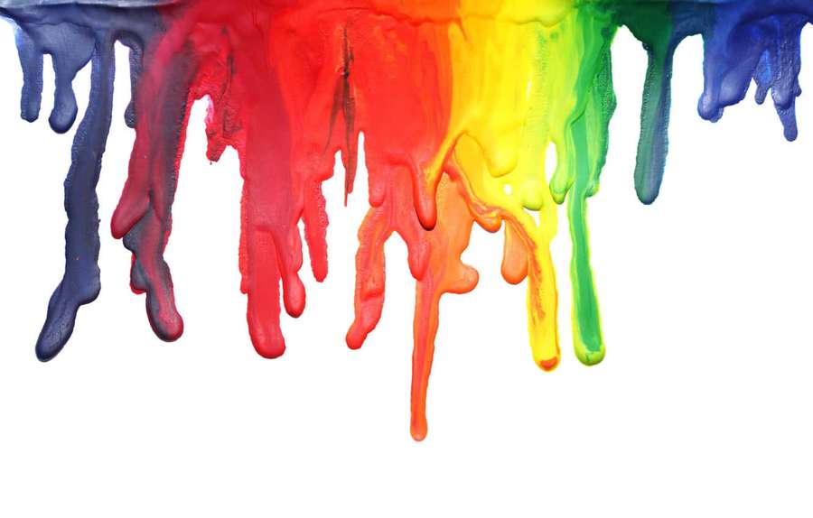 Colorful paint drips in rainbow hues falling against a white background. — Paint Drip Wallpaper