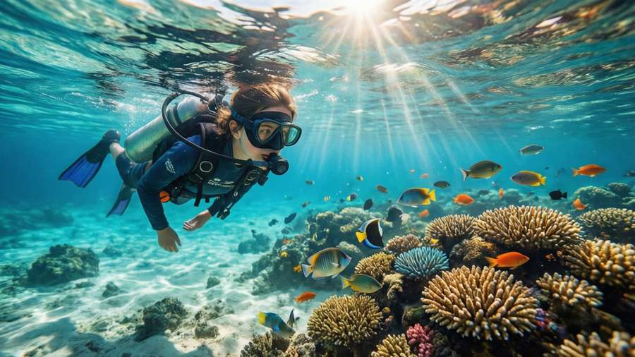 Snorkeling in clear shallow waters over Palau coral reef — Palau Background