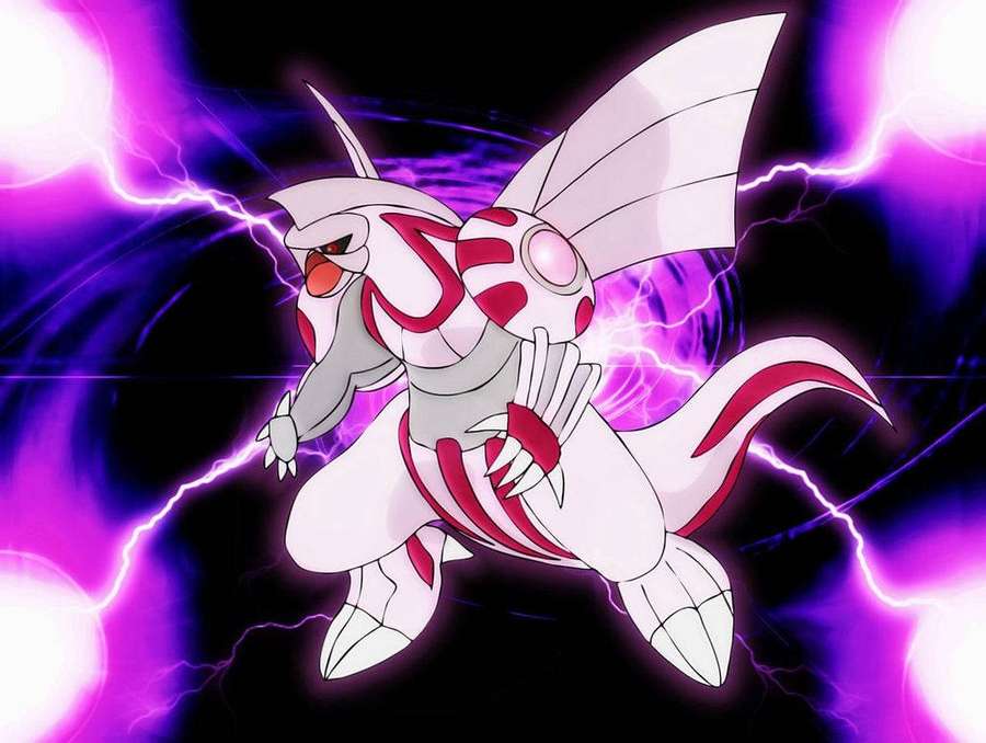 A white and red anime Pokémon surrounded by purple lightning in a battle scene. — Palkia Wallpaper