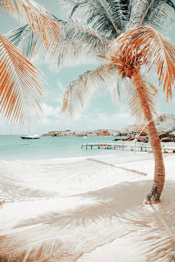 Snöig strand med palmer och hängmatta under turkost vatten och avlägsna båtar. — Palm bakgrund Bakgrundsbilder