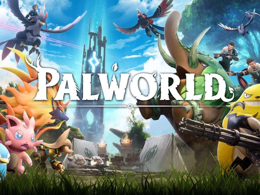 Spieler und riesige Kreaturen in einer Fantasiespielwelt mit einem leuchtenden Turm und Lager. — Palworld Wallpaper