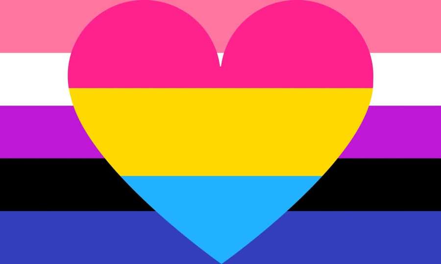 En färgglad hjärtsymbol överlagrad på den pansexuella stolthetsflaggan. — Pan Flag Bakgrundsbilder
