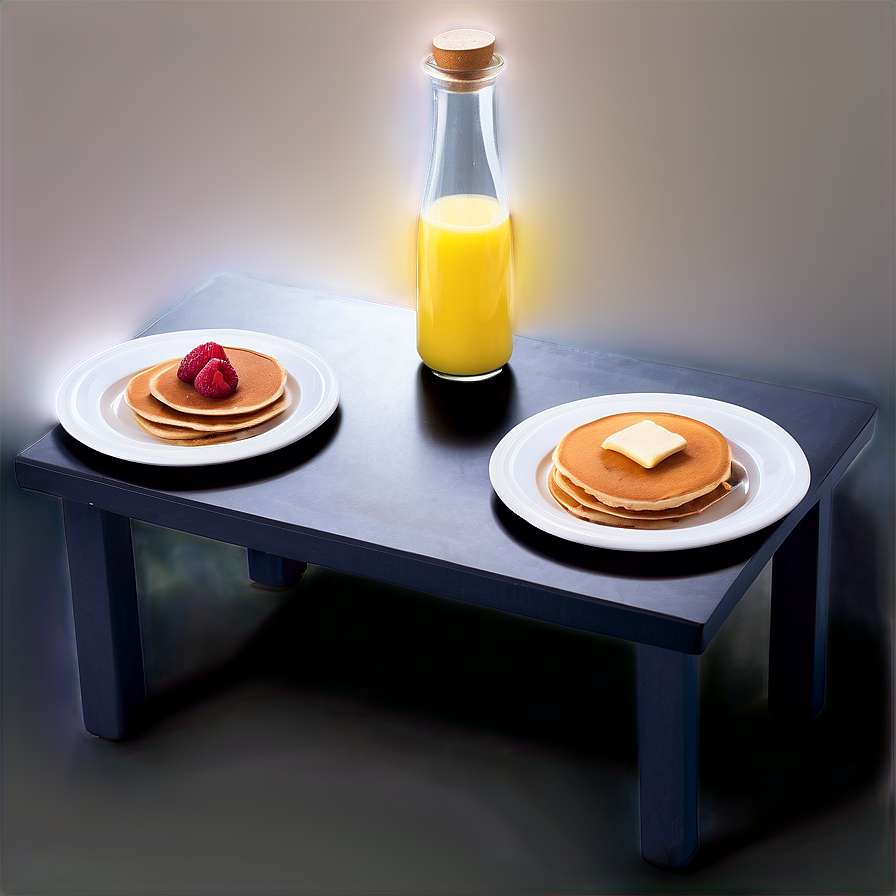Two plates of pancakes with butter and raspberries on a dark table with a glowing orange juice bottle. — Pancake PNG