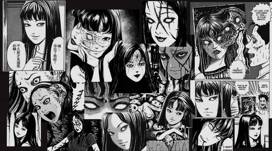 Manga-Panels mit verzerrten Gesichtern und Horror-Ausdrücken mit Sprechblasen. — Panel Bilder