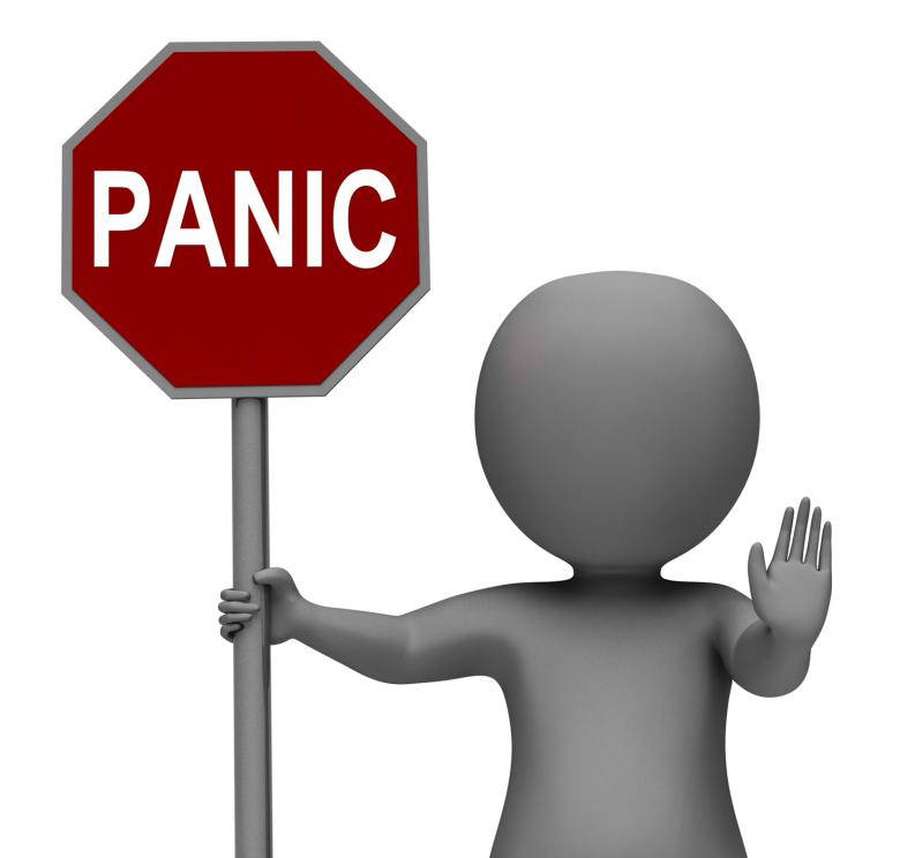 Gray 3d figure holding a red panic sign and waving. — Panic Background