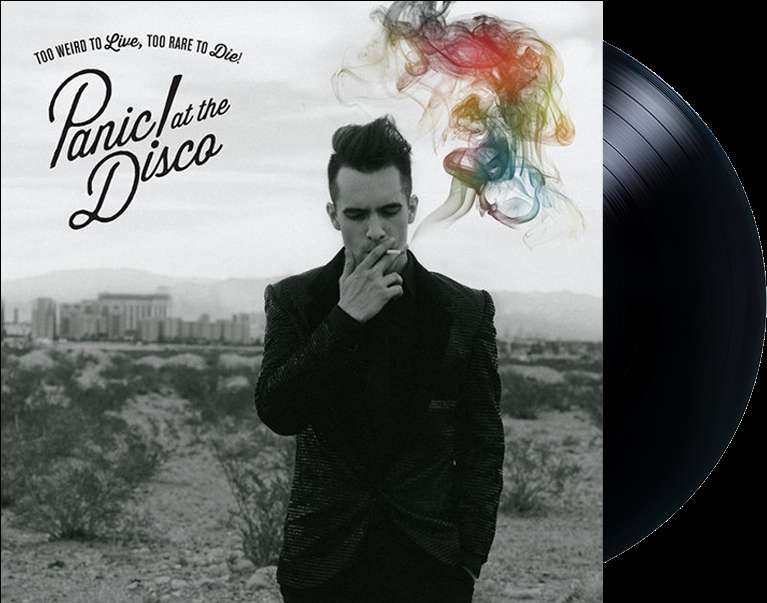 Man smoking cigarette with rainbow smoke in desert with cityscape and vinyl record — Panic PNG