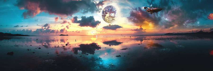 Futuristic spaceship flying over a beach at sunset with a glowing planet reflected in the water. — Panoramic Picture