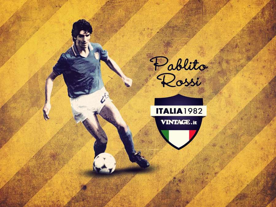 Vintage illustration of Italian footballer Pablito Rossi in action during the 1982 World Cup. — Paolo Rossi Wallpaper