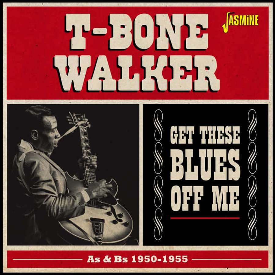 T-Bone Walker tocando guitarra em capa de álbum de jazz vintage com texto vermelho. — Para Bone Walker Papéis de Parede