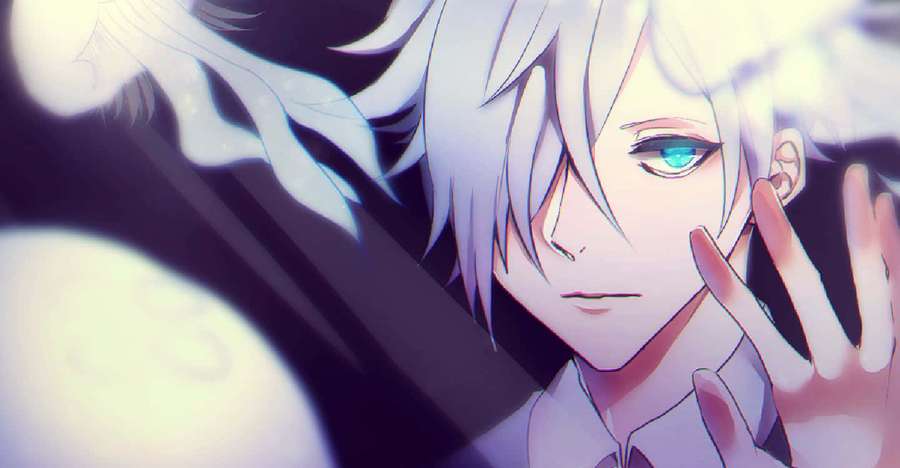 Anime character with silver hair and blue eye touching face in soft glow. — Parade Decim Wallpaper