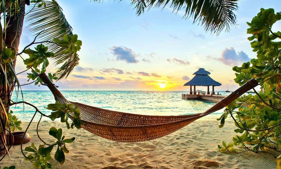 Hammock suspended between palm trees on a beach at sunset with ocean and pavilion. — Paradise Background
