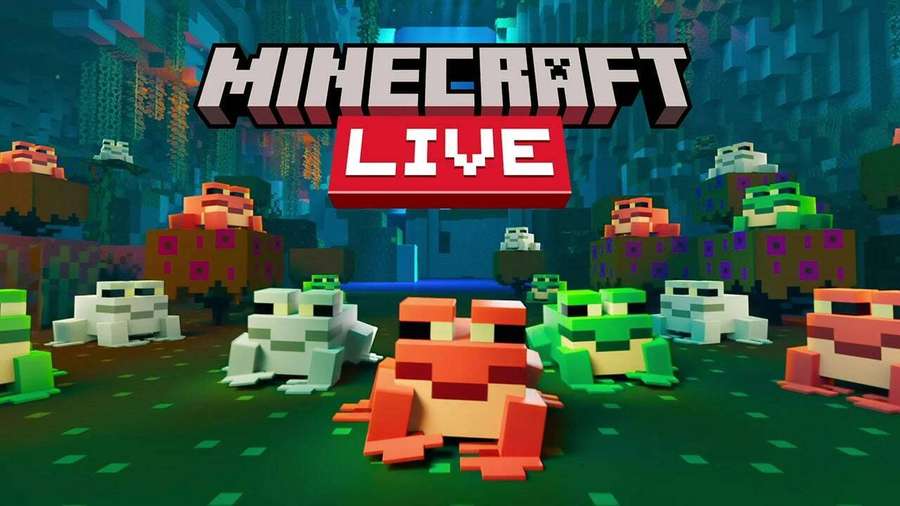 Minecraft Live -tapahtuma, jossa on pikselisammakoita ja korallia vedenalaisessa ympäristössä. — Paras Minecraft Taustakuvat