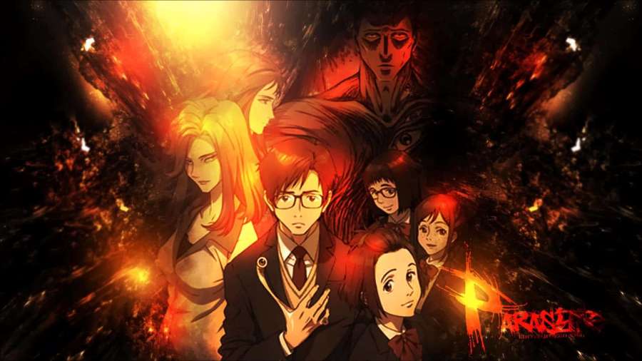 Anime characters in school uniforms surrounded by fire and explosions. — Parasyte Background