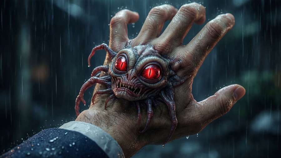 Close-up of Migi on Shinichi's hand in a rainy night scene. — Parasyte Migi Wallpaper