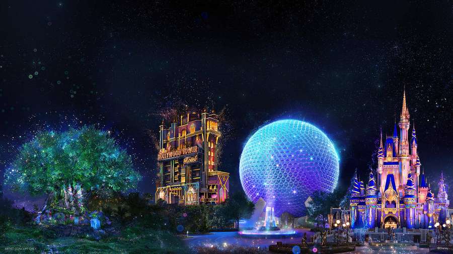 Castelo e nave espacial da Disney World iluminados à noite sob um céu estrelado. — Parque temático Papéis de Parede