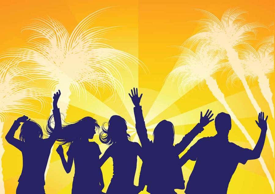 Group of friends dancing in silhouette under a tropical sunset. — Party Flyer Background