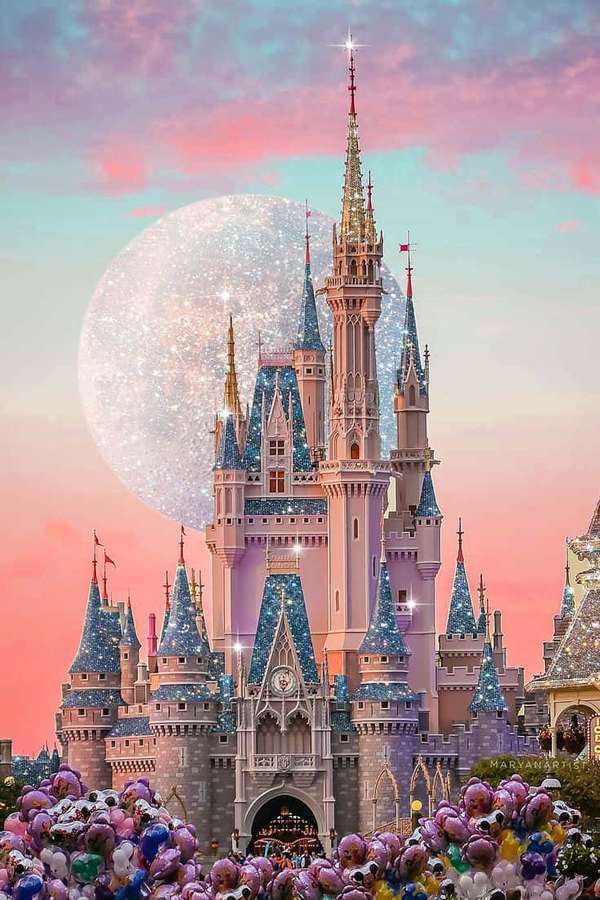 Fairy tale castle with balloons under a sparkling moon at twilight. — Pastel Disney Wallpaper