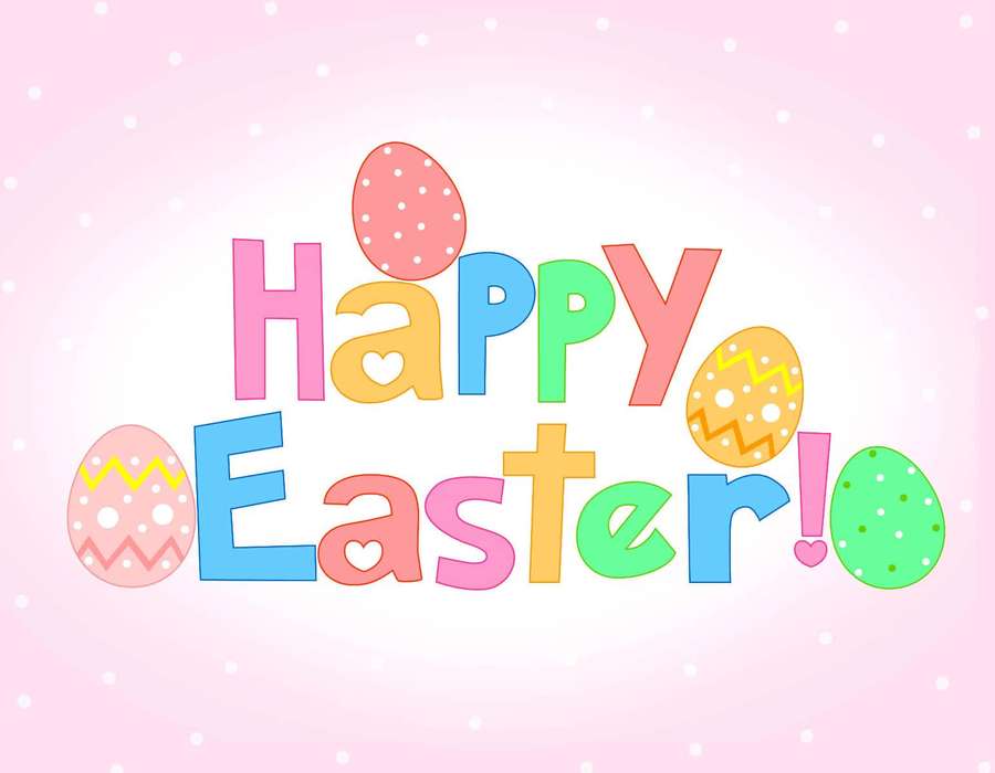 Happy Easter greeting with decorated eggs and pastel text on pink background — Pastel Easter Background