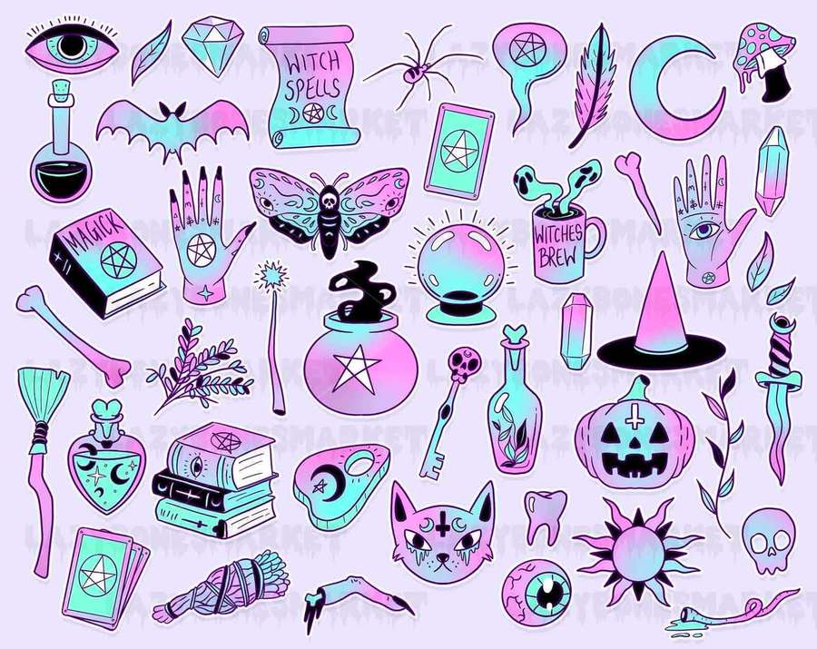 Witchcraft symbols and magical items in pastel colors including bats, crystals, and cauldrons. — Pastel Goth Background