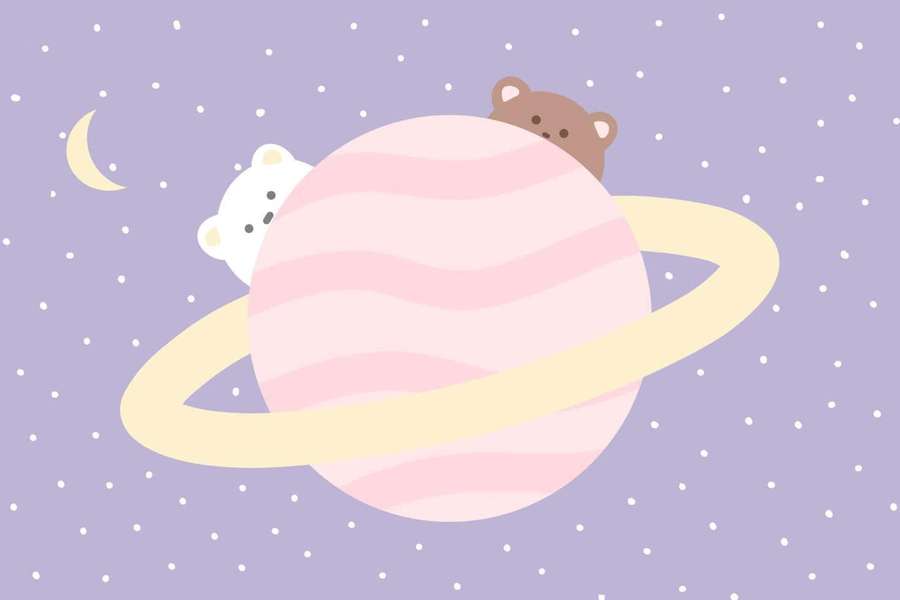 Two cartoon bears peeking around a pink striped planet with a yellow ring in a starry lavender sky. — Pastel Space Aesthetic Wallpaper