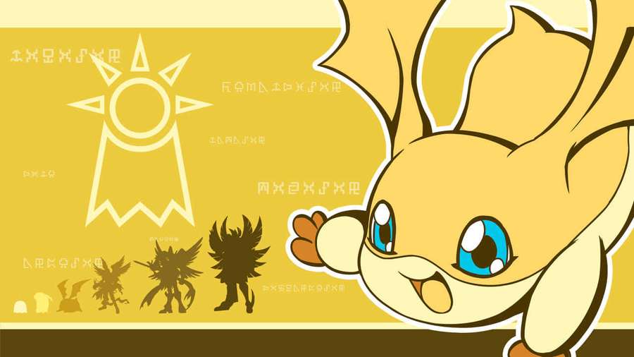 Gul anime-skapning med blå øyne vinker ved siden av solsymbol og evolusjonssilhuetter. — Patamon Bakgrunner