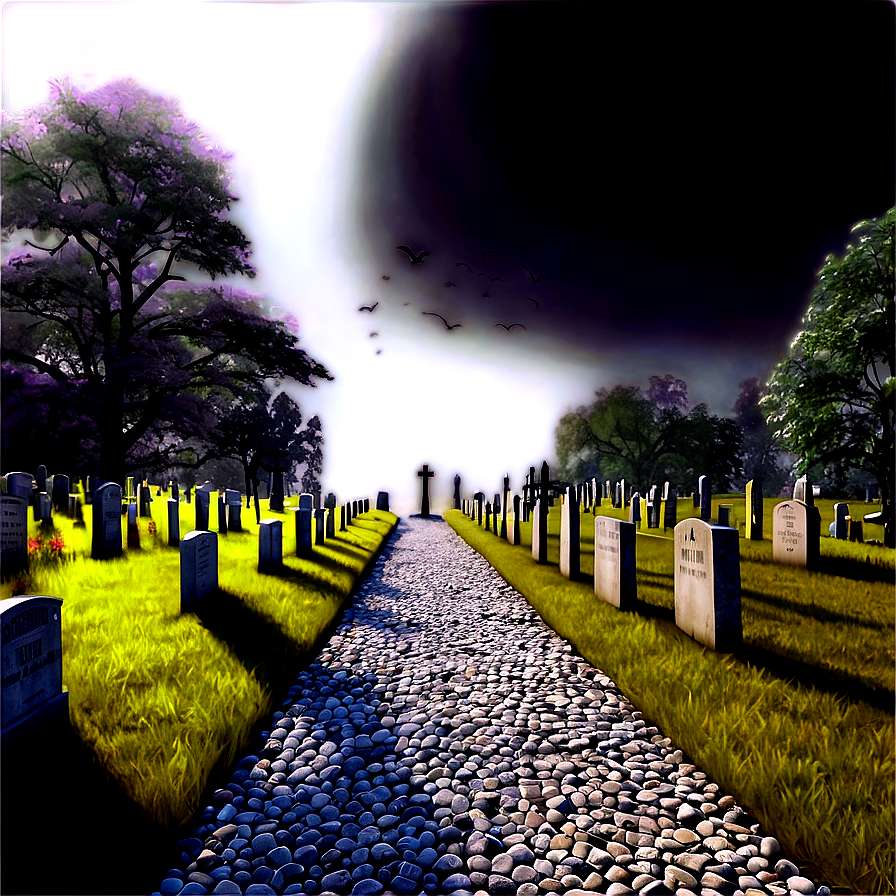 Cobblestone path through cemetery under split sky with birds flying — Path PNG