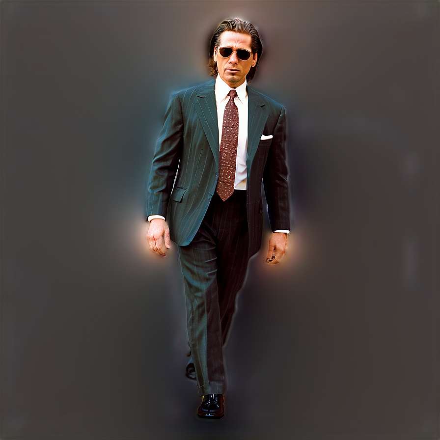 Man in pinstripe suit and sunglasses walking with glowing aura. — Patrick Bateman Picture