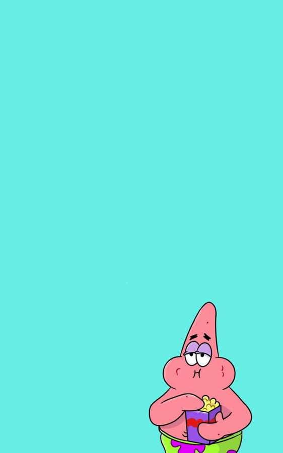 Ein Cartoon-rosa Seestern, der eine Popcornschachtel mit müden Augen auf türkisfarbenem Hintergrund hält. — Patrick Wallpaper
