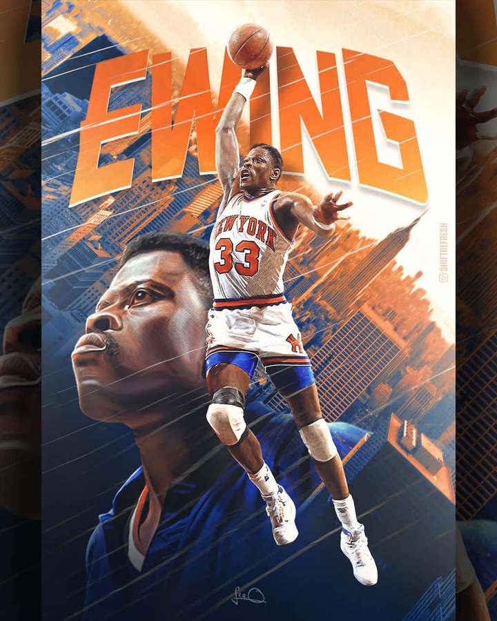 Patrick Ewing in mid-air dunking a basketball with his name in orange letters above him. — Patrick Ewing Wallpaper