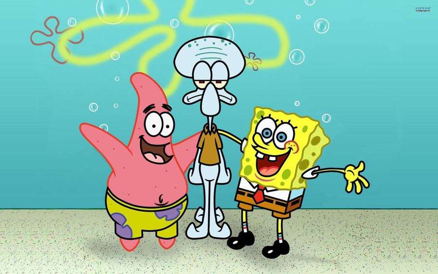 SpongeBob, Patrick und Thaddäus lächeln unter Wasser mit Blasen, die um sie herum schweben. — Patrick Star Bilder