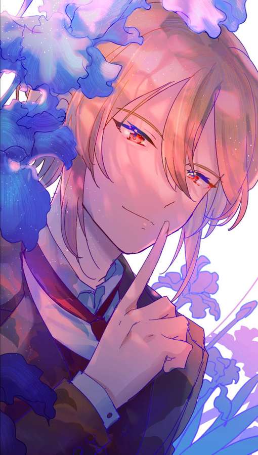 Personagem de anime com cabelo rosa e olhos vermelhos levando o dedo aos lábios cercado por flores azuis brilhantes. — Patriota Papéis de Parede