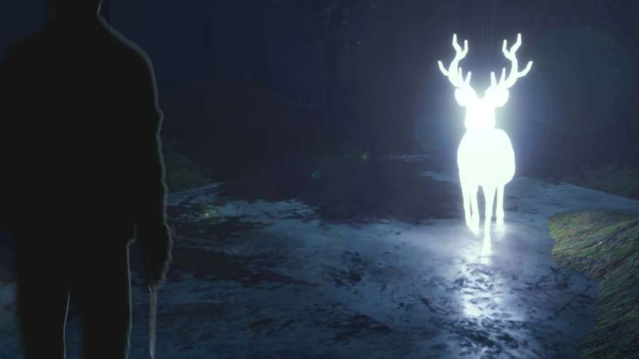 A glowing deer in a snowy forest with a person's silhouette approaching. — Patronus Wallpaper