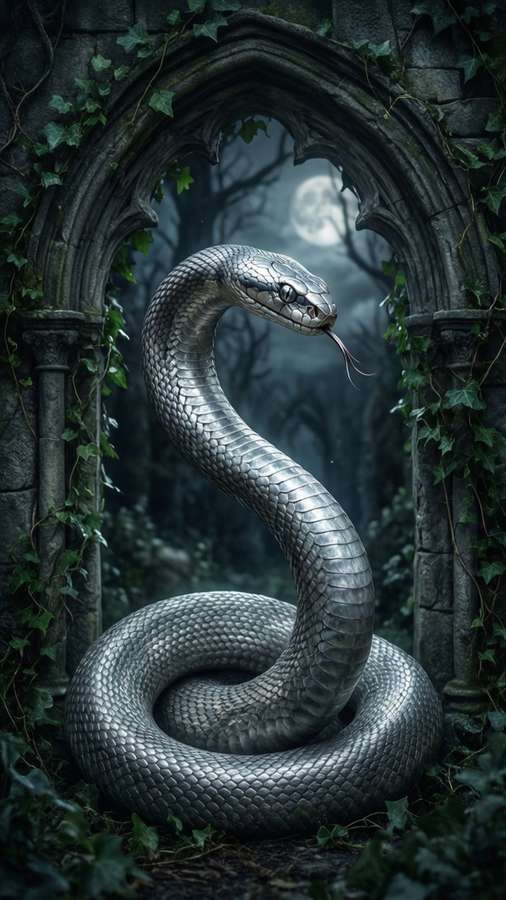 A sinuous snake Patronus wraps around a mossy stone arch. — Patronus Picture