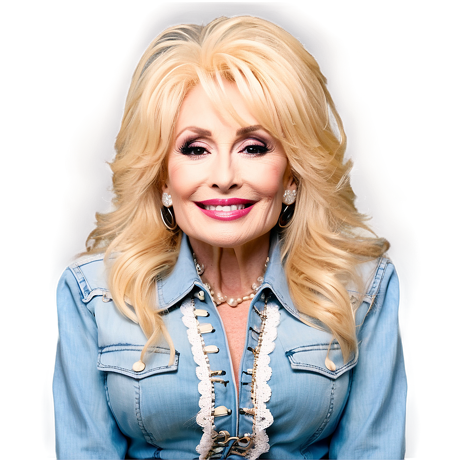 Dolly Parton trägt eine Jeansjacke mit Spitzenbesatz und Perlenkette und lächelt in die Kamera. — Patsy Cline Bilder