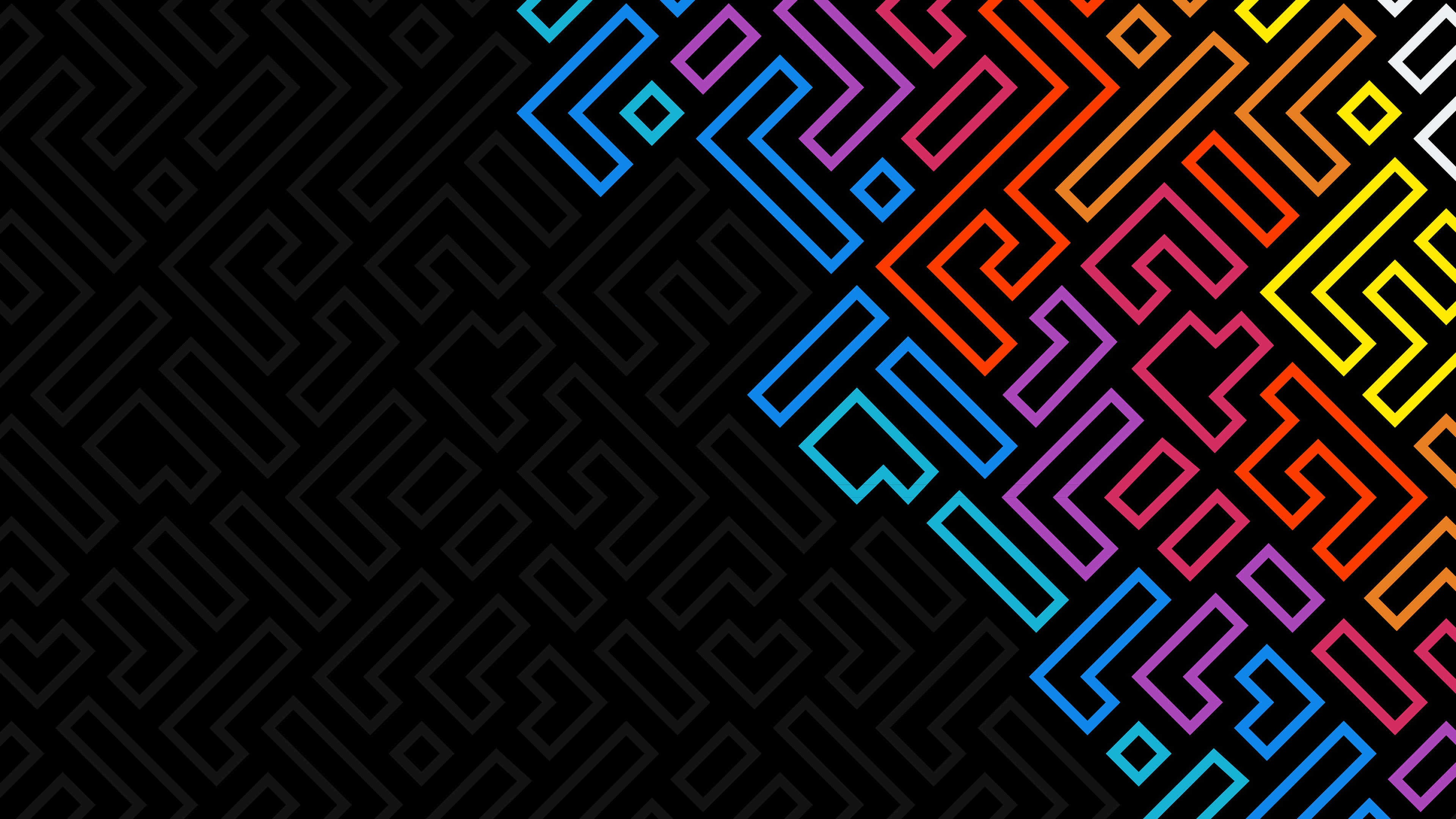 Lebendiges geometrisches Labyrinthmuster in Regenbogenfarben auf schwarzem Hintergrund — Pattern Wallpaper