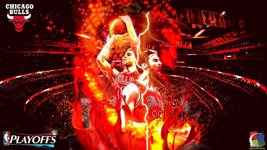 Chicago Bulls players in fiery red action during playoffs at arena. — Pau Wallpaper