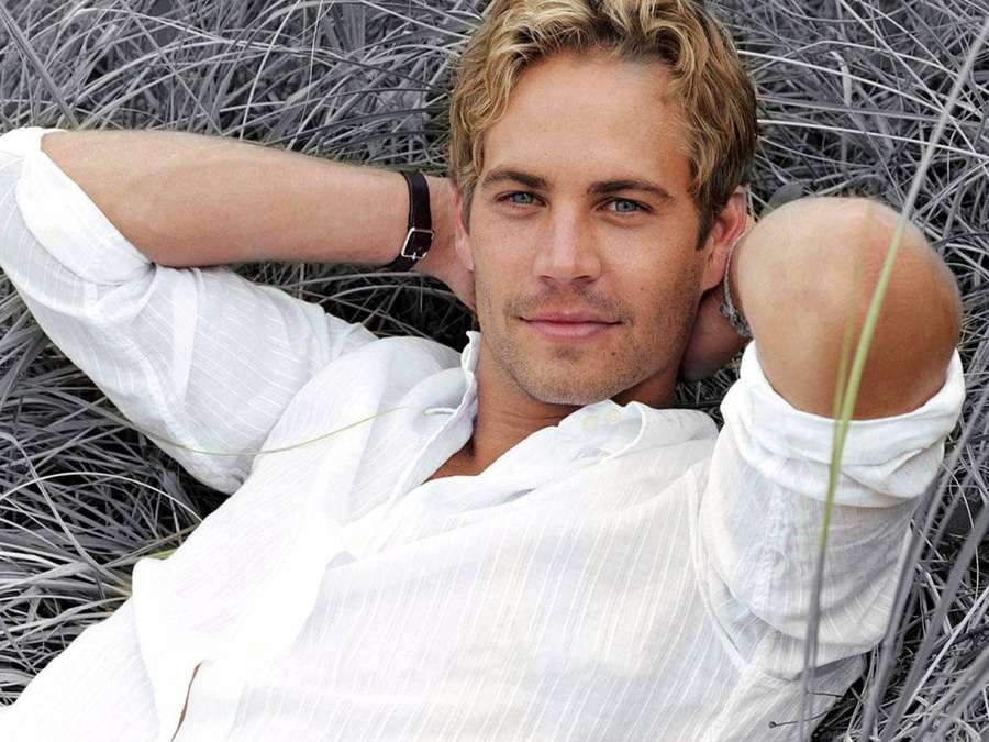 Man in white shirt lying in tall gray grass smiling at camera — Paul Walker Wallpaper