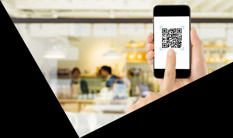 Hand holding phone scanning QR code in cafe with diagonal black overlay. — Payment Method PNG