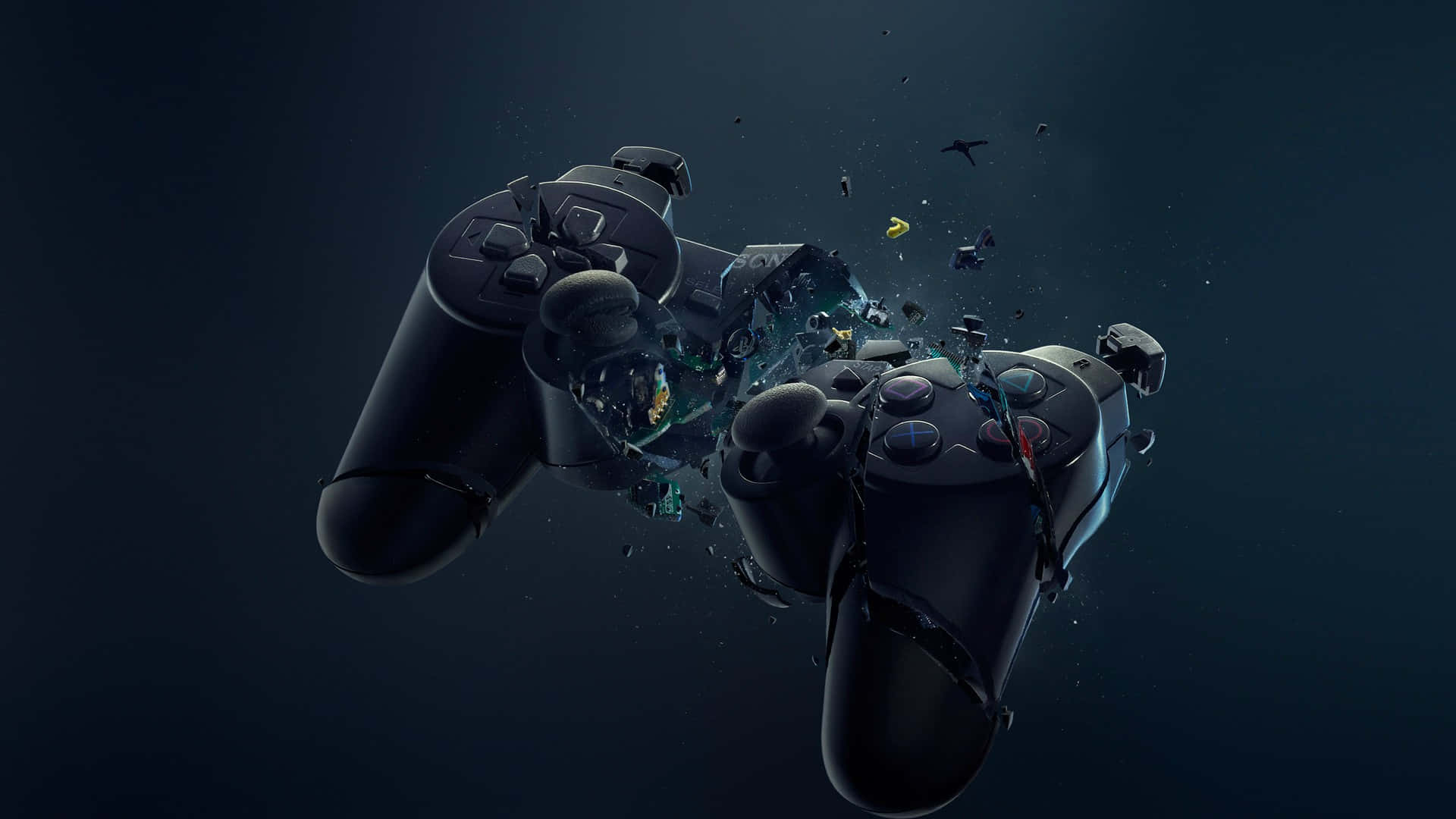 Two black gaming controllers breaking apart with glowing pieces flying in dark space. — Pc Gaming Background