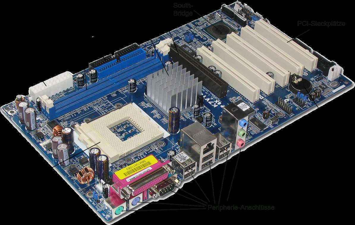 Close-up of a labeled computer motherboard with various ports and chips. — Pc PNG