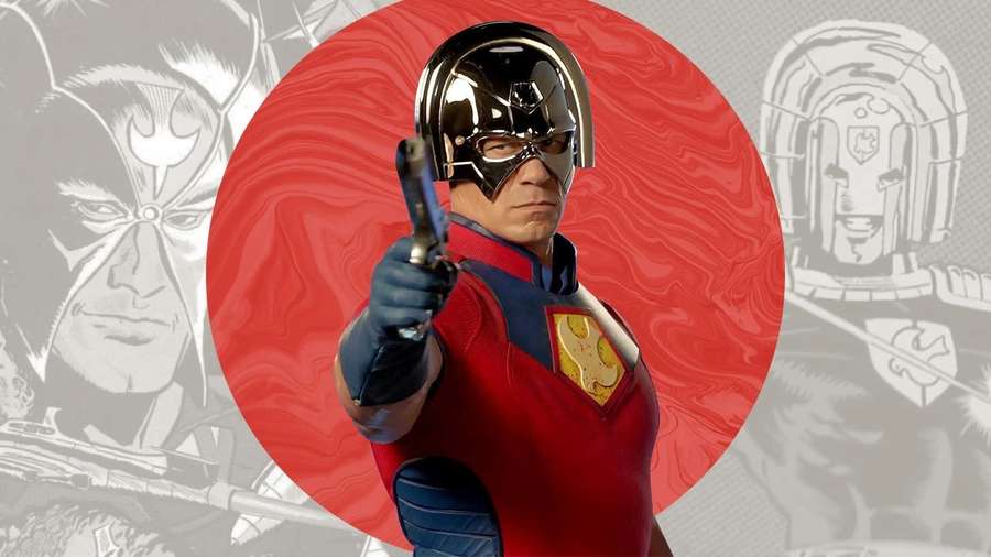 A comic-style superhero in red blue and gold suit pointing a gun forward. — Peacemaker Wallpaper