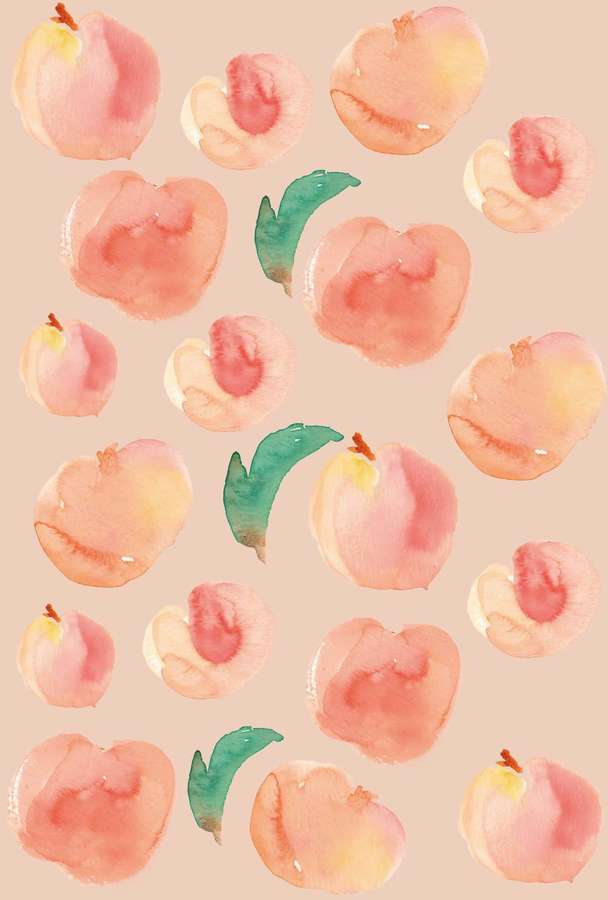 Ilustración en acuarela de melocotones y hojas en suaves tonos pastel. — Peach iPhone Fondos de pantalla