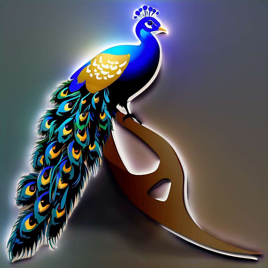 A glowing blue and gold peacock perched on a wooden branch. — Peacock PNG