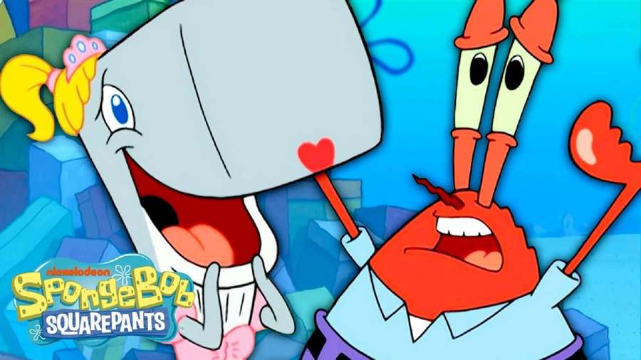 Squidward and Mr Krabs holding heart lollipops underwater. — Pearl Krabs Wallpaper