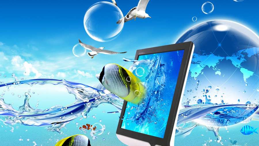 Tableta digital rodeada de agua, peces y gaviotas con un globo terráqueo al fondo. — Peces tropicales Fondos de pantalla