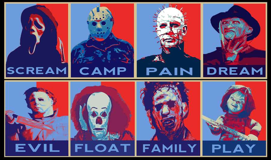 Póster de arte pop de ocho villanos de películas de terror con etiquetas. — Películas de monstruos Fondos de pantalla