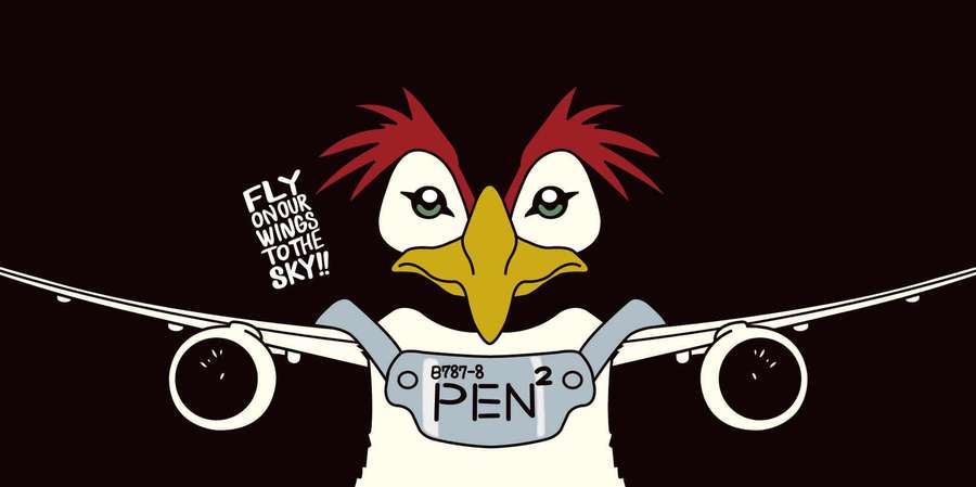 Cartoon chicken pilot with text fly on our wings to the sky — Pen Pen Wallpaper